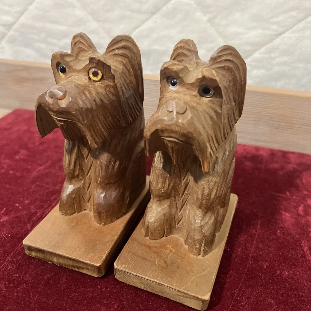Vtg Terrier Dog Carved‎ Wood Bookends Made in Japan